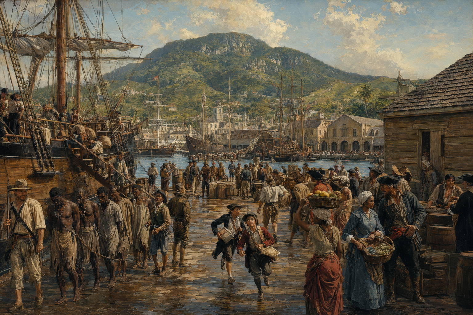 In this bustling scene at a Caribbean port, laborers, merchants, and sailors fill the dock while a line of enslaved individuals, shackled and guarded, are led away from a ship. The vibrant market atmosphere, under partly cloudy skies, is juxtaposed with tense exchanges, including animated gestures from townsfolk carrying baskets of goods, and traders engaging in lively bargaining. The backdrop of moored ships, distant mountains, and coastal architecture emphasizes the era's maritime commerce and colonial complexities.